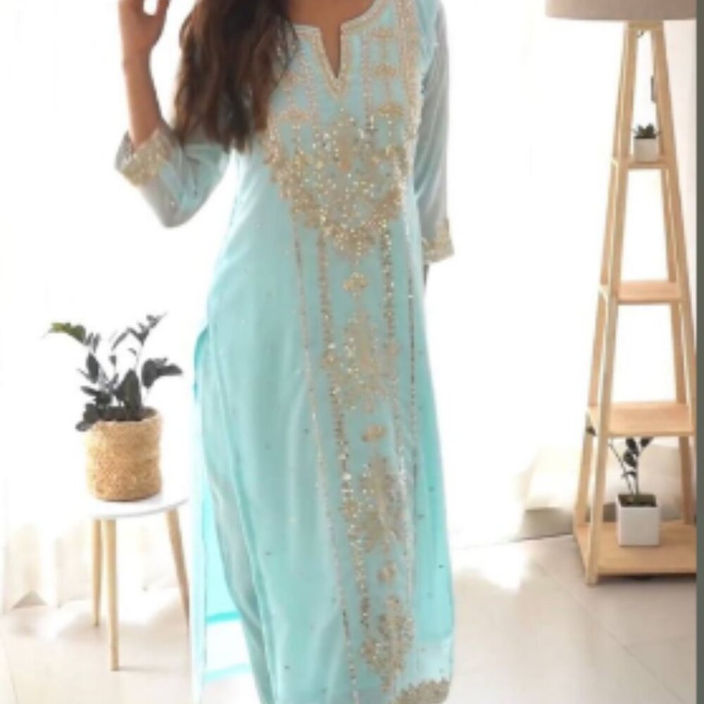 Faux georgette Kurti, pant and dupatta set embroidered with foil work
